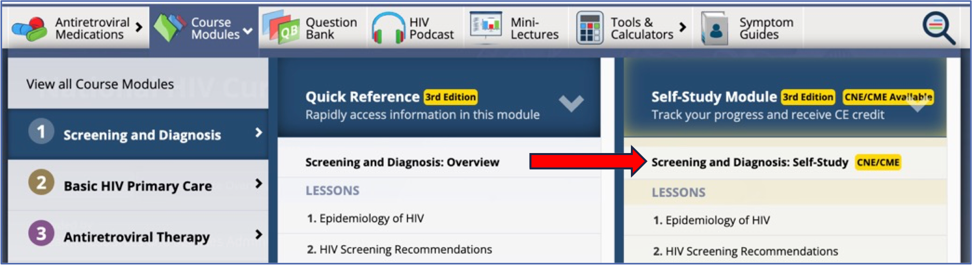 Selecting self study module from the drop down