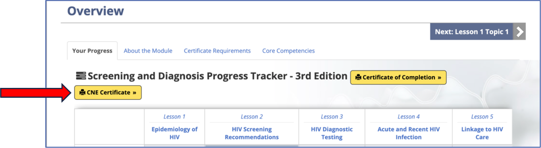 How to find the CNE Certificate button on the self study module page