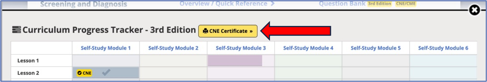 CNE certificate button on the progress tracker