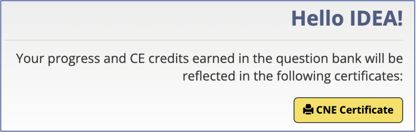 CNE certificate button on the question bank